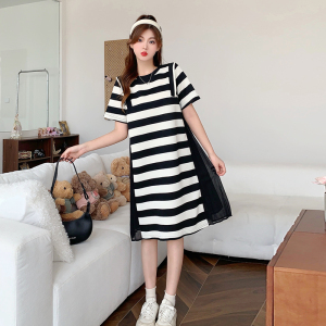 TR44532# 大码女装夏季新款韩版裙子气质减龄洋气条纹显瘦连衣裙 服装批发女装批发服饰货源