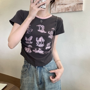 RM18094#夏季韩版撞色褶皱趣味印花设计感百搭纯棉短袖女T恤上衣