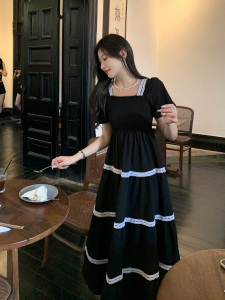 RM18247#大码女装度假风气质优雅撞色拼接连衣裙胖MM藏肉显瘦黑色裙