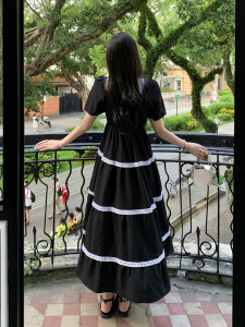 RM18247#大码女装度假风气质优雅撞色拼接连衣裙胖MM藏肉显瘦黑色裙