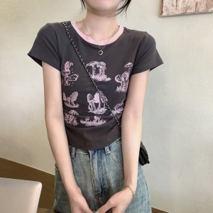 RM18094#夏季韩版撞色褶皱趣味印花设计感百搭纯棉短袖女T恤上衣
