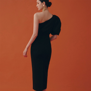 RM19845#夏季新款韩版时尚不对称设计感连衣裙修身显瘦中长款礼服裙