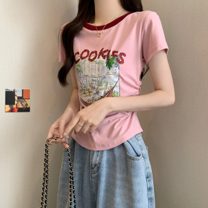 RM19663#夏装韩版宽松1*1螺纹圆领抽绳修身印花T恤女