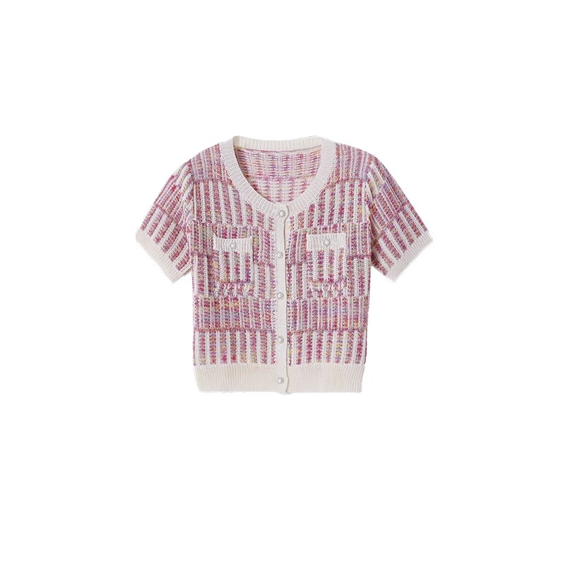Qiu Rouyao  summer new striped sweater thin section female small fragrance short-sleeved pink cardigan T-shirt top