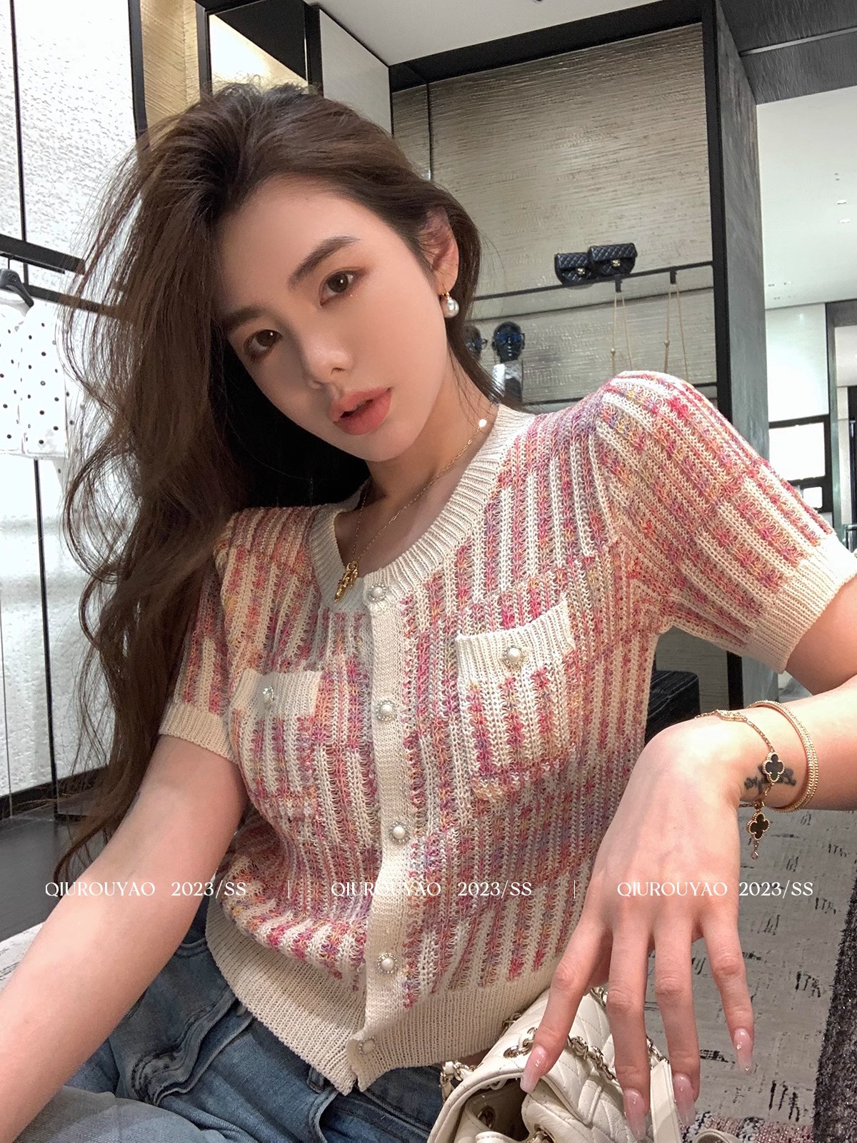 Qiu Rouyao  summer new striped sweater thin section female small fragrance short-sleeved pink cardigan T-shirt top