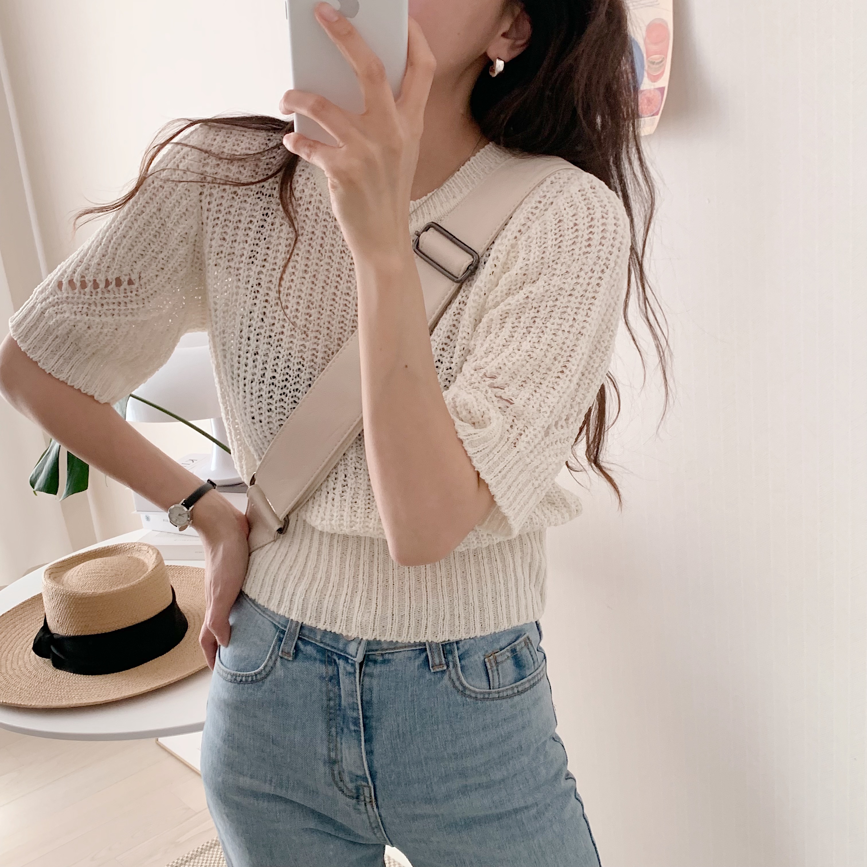 Real shot of large size hollow short-sleeved sweater summer ice silk short slim top solid color pullover thin sweater