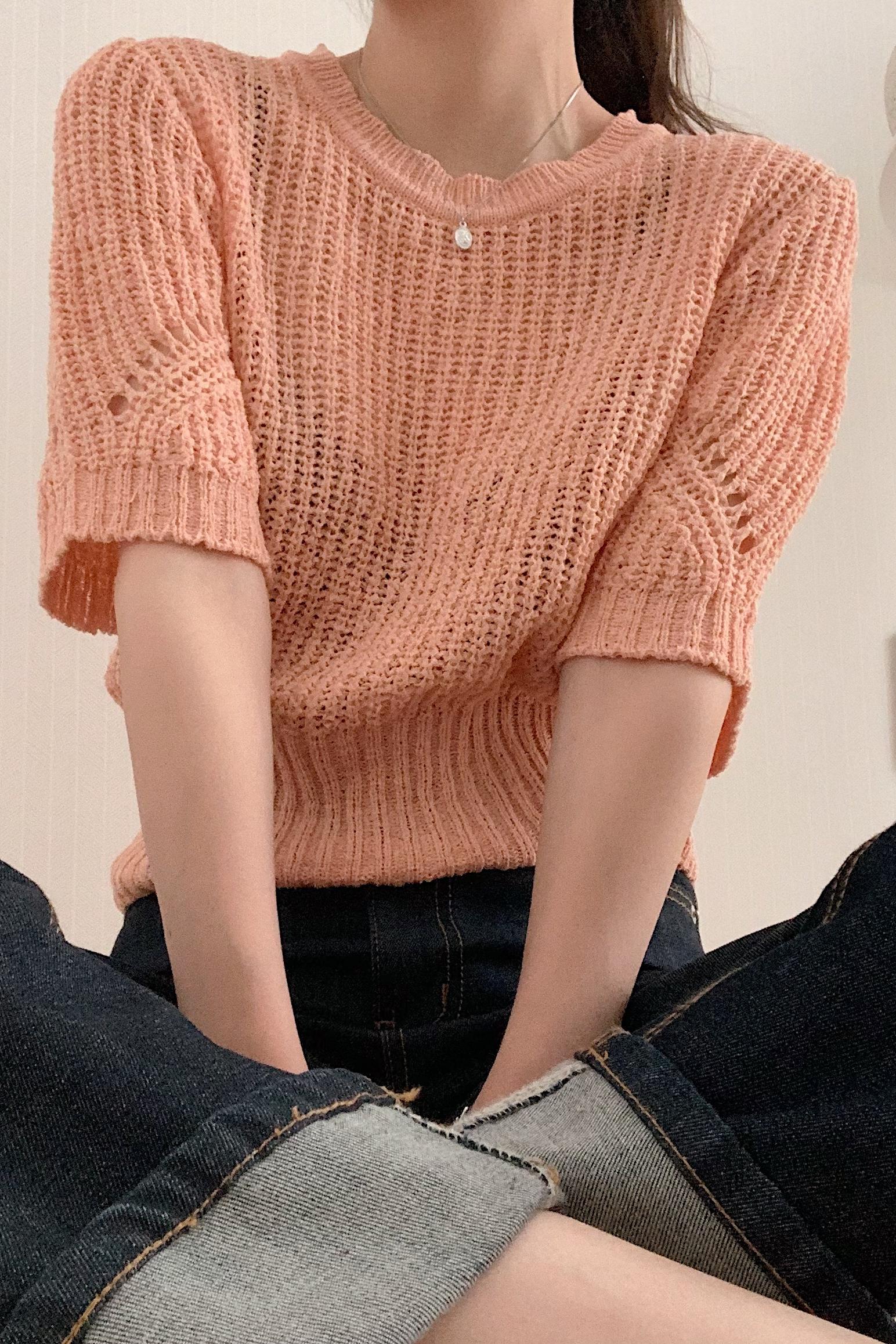 Real shot of large size hollow short-sleeved sweater summer ice silk short slim top solid color pullover thin sweater
