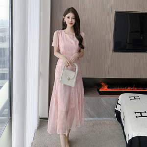 RM18997#夏新款法式温柔粉色连衣裙女气质收腰显瘦修身雪纺长裙子