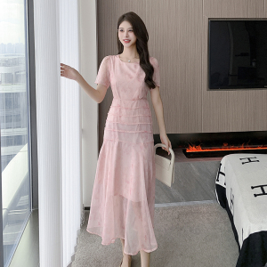 RM18997#夏新款法式温柔粉色连衣裙女气质收腰显瘦修身雪纺长裙子