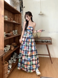 TR40424# 涂鸦抹胸连衣裙女夏季法式高腰显瘦长裙女 服装批发女装批发服饰货源