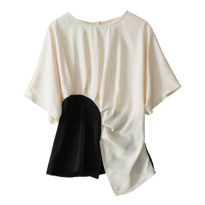 RM19974#夏季圆领设计感不规则短袖T恤拼接撞色缎面收腰上衣女