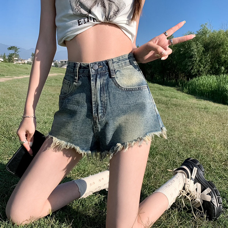 2023年夏季新款復古牛仔短褲女韓版做舊毛邊高腰辣妹闊腿A字熱褲