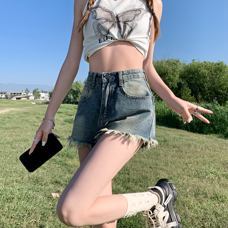 2023年夏季新款復古牛仔短褲女韓版做舊毛邊高腰辣妹闊腿A字熱褲