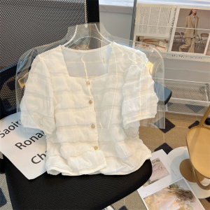 RM18277#夏新款韩版泡芙肌理感方领泡泡短袖衬衫设计感气质上衣