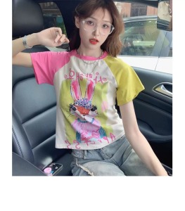 RM17901#撞色潮牌短袖t恤女夏季美式复古设计感减龄卡通辣妹正肩短款上衣