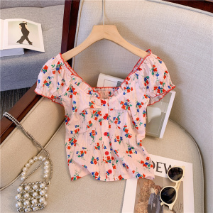 RM18471#甜美碎花木耳边小衫辣妹修身显瘦短款上衣纯欲风短袖T恤夏季