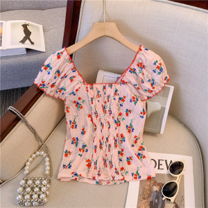 RM18471#甜美碎花木耳边小衫辣妹修身显瘦短款上衣纯欲风短袖T恤夏季