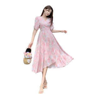 RM17932#大码女装夏装新款胖mm法式甜美茶歇扎染系带高腰显瘦连衣裙子