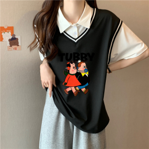 RM19705#夏装韩版宽松假两件卡通印花大码短袖T恤女