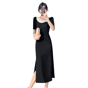 RM21923#连衣裙黑色超修身方领套头夏季纯色