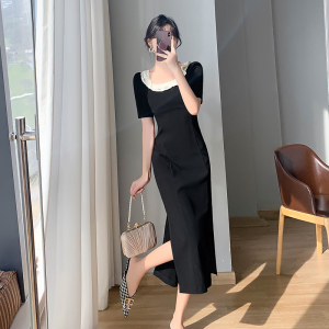 TR43909# 连衣裙黑色超修身方领套头夏季纯色 服装批发女装批发服饰货源