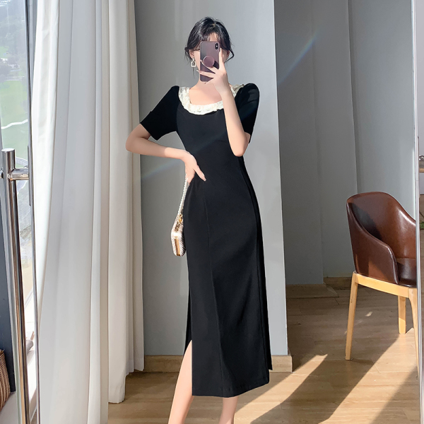 RM21923#连衣裙黑色超修身方领套头夏季纯色