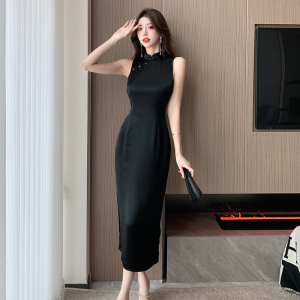 TR42809# 新中式女装新款高级年轻款黑色无袖改良旗袍国风连衣裙夏
