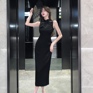 TR42809# 新中式女装新款高级年轻款黑色无袖改良旗袍国风连衣裙夏