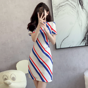 RM18337#夏季新款设计师气质收腰显瘦条纹连衣裙