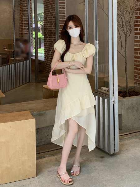 RM19829#夏季法式纯色显瘦连衣裙不规则开叉中长裙女