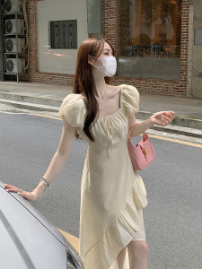 RM19829#夏季法式纯色显瘦连衣裙不规则开叉中长裙女