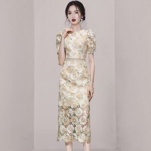 EMBROIDERY PRINT LACE CUT-OUT OFF WAIST BUBBLE SLEEVES ELEGANT DRESS GIRL