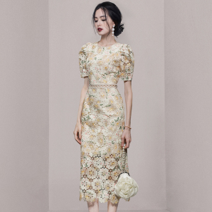 EMBROIDERY PRINT LACE CUT-OUT OFF WAIST BUBBLE SLEEVES ELEGANT DRESS GIRL