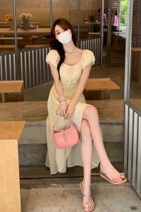 RM19829#夏季法式纯色显瘦连衣裙不规则开叉中长裙女