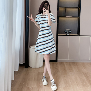 RM20084#潮牌夏季设计款三角标条纹气质收褶连衣裙