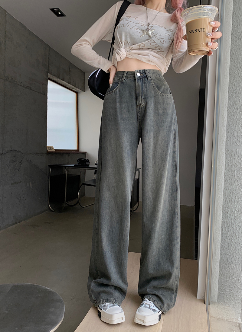 Real shot of retro wide-leg jeans for women 2024 spring new narrow version straight-leg loose Hong Kong style floor mopping pants