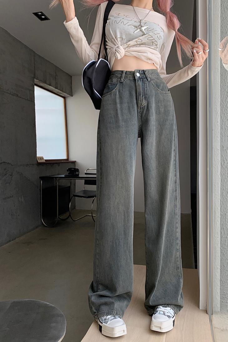 Real shot of retro wide-leg jeans for women 2024 spring new narrow version straight-leg loose Hong Kong style floor mopping pants