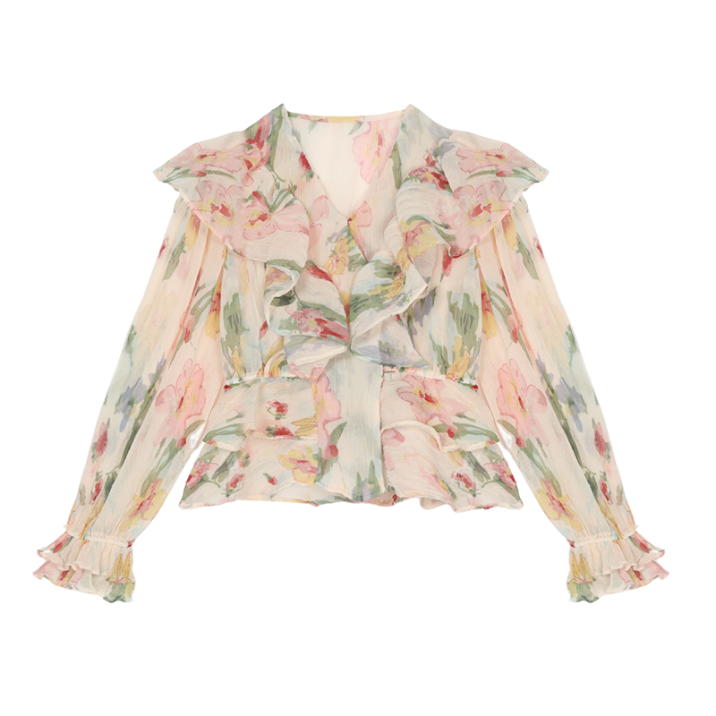 French design floral ruffle tie shirt ladies summer  Korean style sweet foreign style long-sleeved shirt