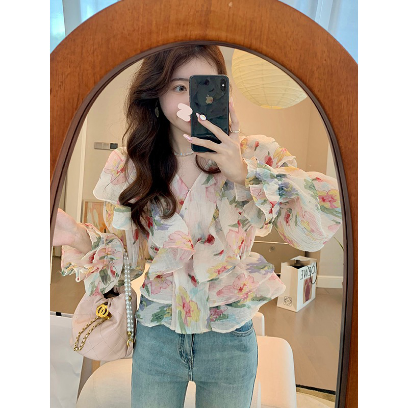 French design floral ruffle tie shirt ladies summer  Korean style sweet foreign style long-sleeved shirt