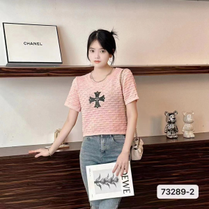 CX10444# 最便宜服饰批发 夏季新款韩版小香风圆领十字花高腰短袖短款针织t恤女上衣