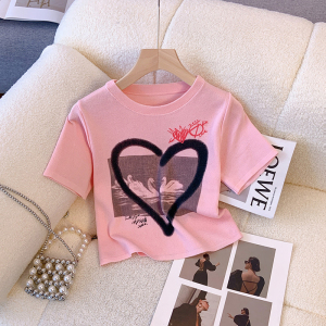 RM18070#夏季设计感爱心小天鹅修身短款上衣显瘦短袖T恤甜酷辣妹针织衫
