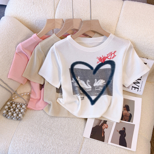 RM18070#夏季设计感爱心小天鹅修身短款上衣显瘦短袖T恤甜酷辣妹针织衫