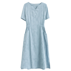 RM21213#夏季新款中长裙 短袖连衣裙女宽松遮肚显瘦裙子