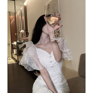 RM20176#女装高级感名媛风刺绣钩花蕾丝修身中长款礼服连衣裙