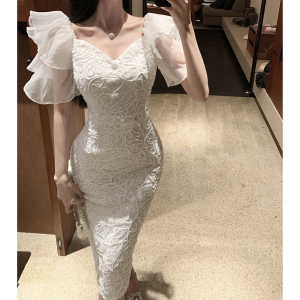 RM20176#女装高级感名媛风刺绣钩花蕾丝修身中长款礼服连衣裙