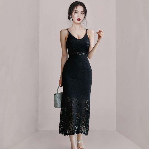 RM19866#夏新款韩版简约时尚气质优雅显瘦修身性感吊带蕾丝鱼尾连衣裙