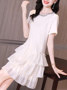 TR40916# 夏季新款法式赫本风气质名媛通勤显瘦荷叶边雪纺连衣裙女 服装批发女装批发服饰货源