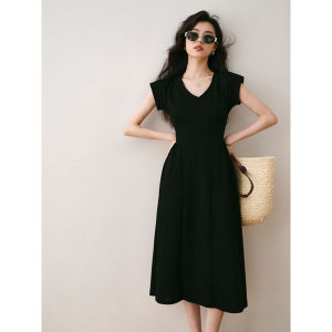 TR49466# 法式v领短袖黑色连衣裙女装夏季新款设计感修身显瘦T恤裙 服装批发女装批发