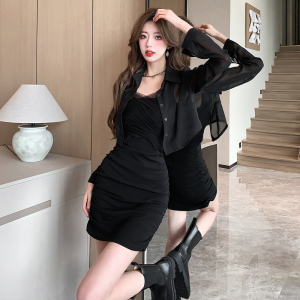TR43270# 吊带连衣裙女夏季纯欲收腰网纱包臀裙+防晒开衫衬衫时尚两件套秋 服装批发女装批发服饰货源
