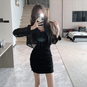 TR43270# 吊带连衣裙女夏季纯欲收腰网纱包臀裙+防晒开衫衬衫时尚两件套秋 服装批发女装批发服饰货源